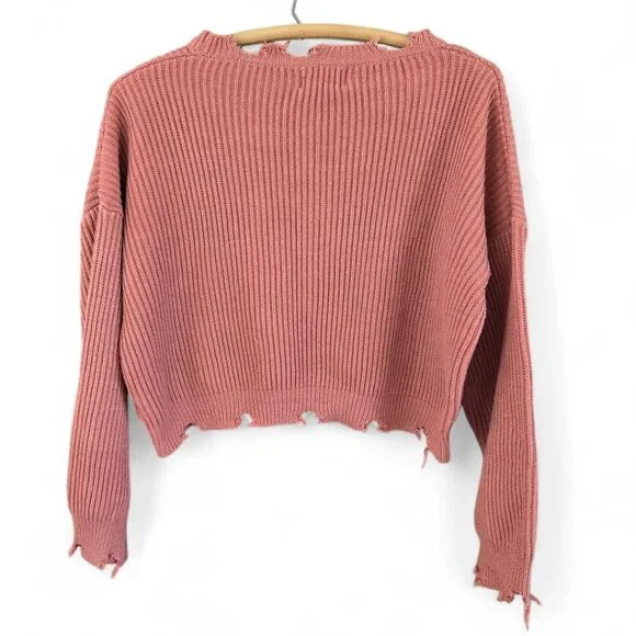 Cropped Distressed Pink Knit Sweater Poof Apparel Ribbed Texture Large - Picture 2 of 8
